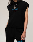 BLACK SLEEVELESS TEE – BLUE LOGO