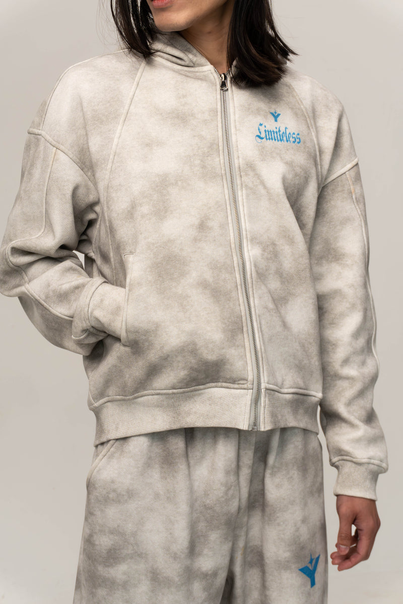 LIMITLESS” WASHED GREY ZIP HOODIE