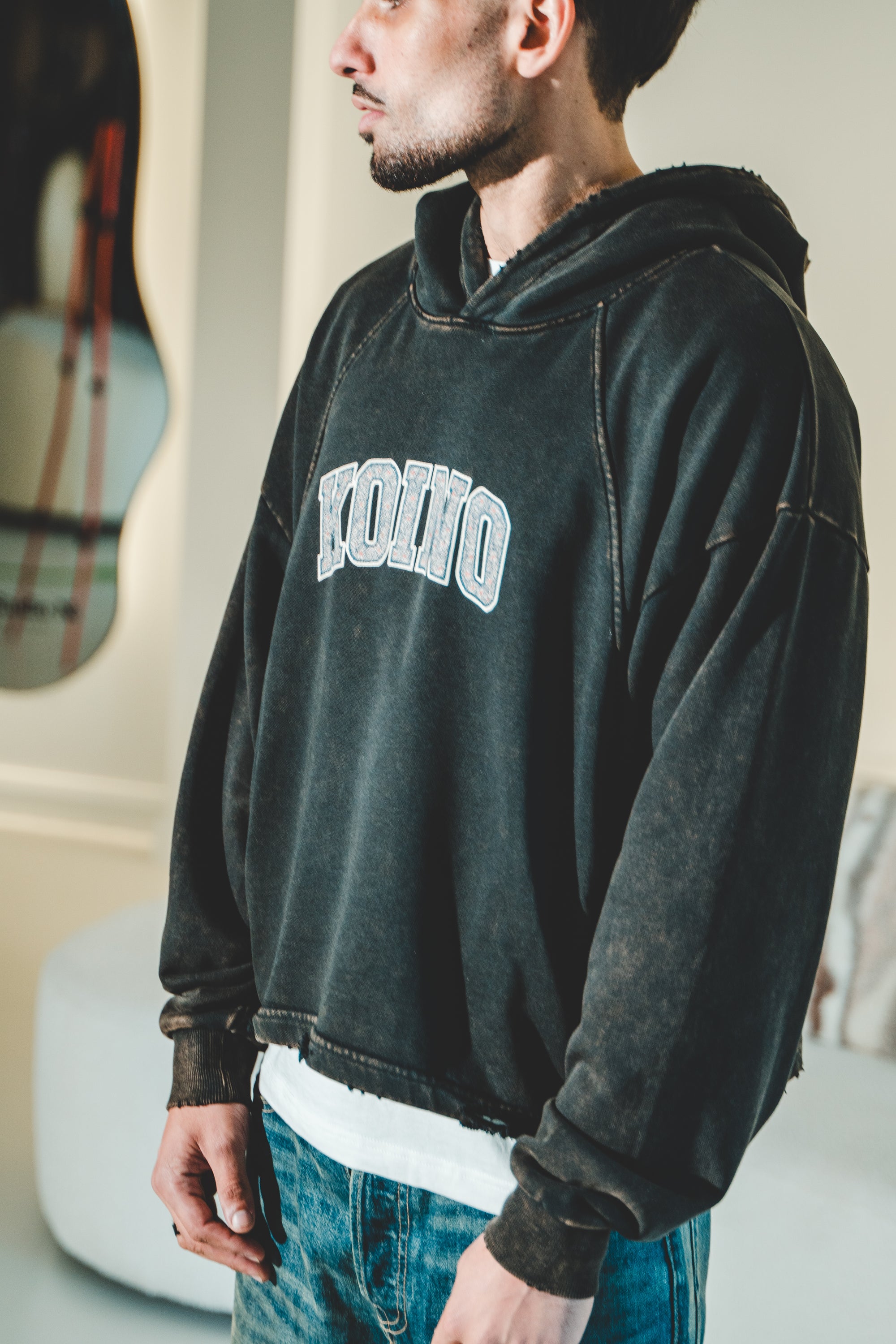 Vintage Washed Frayed-Hem Hoodie