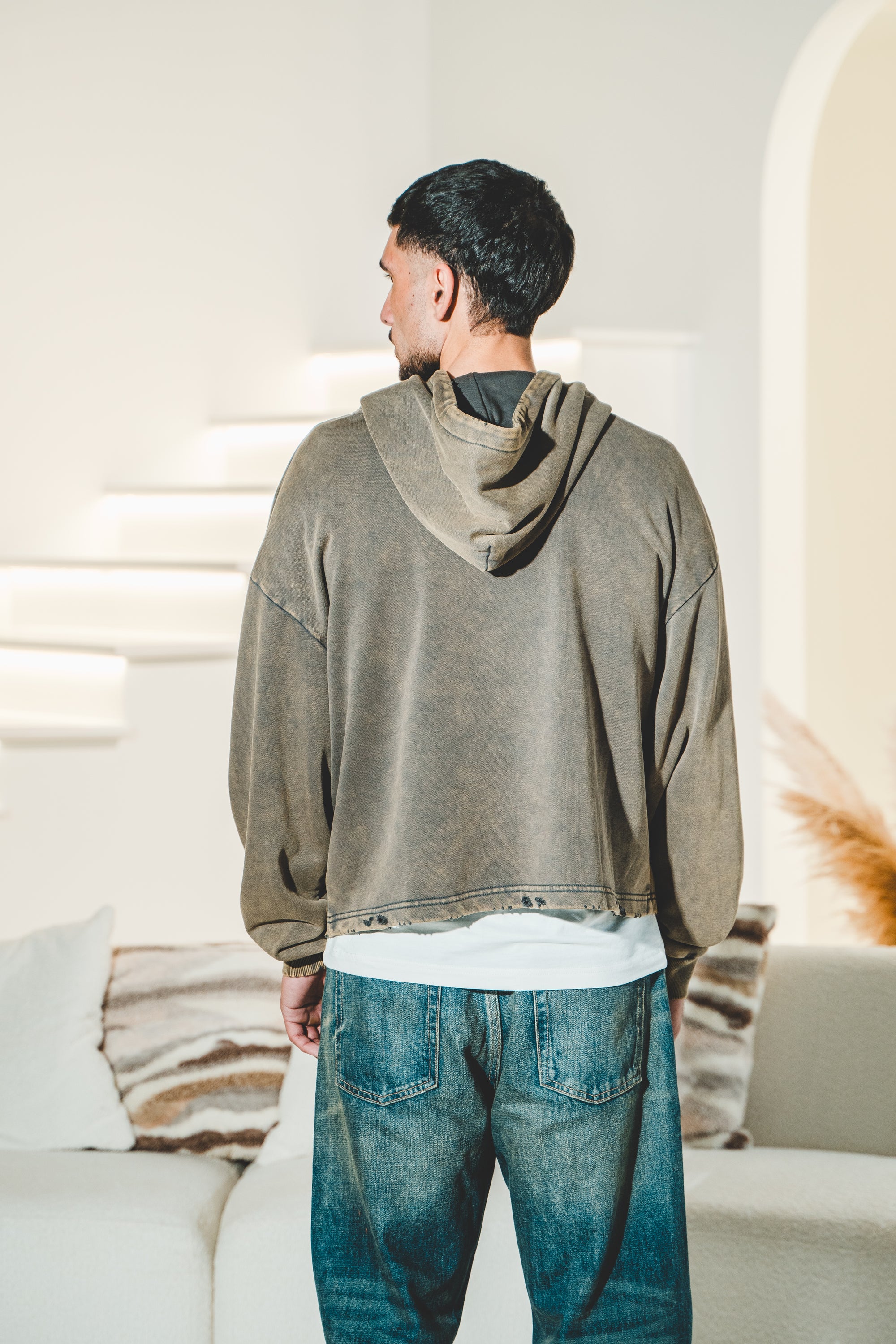 Vintage Washed Frayed-Hem Hoodie